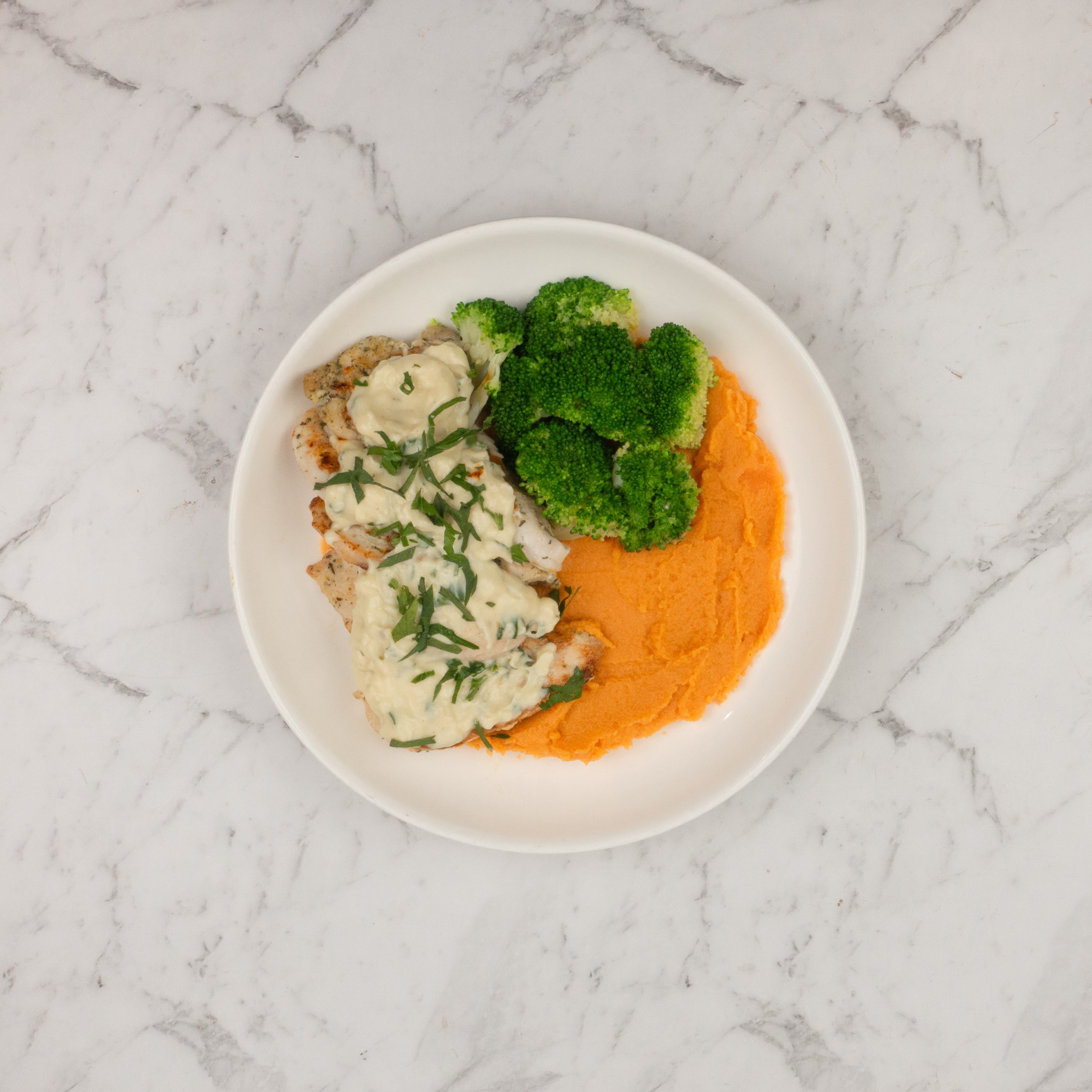 Creamy Garlic Chicken with Sweet Potato Mash