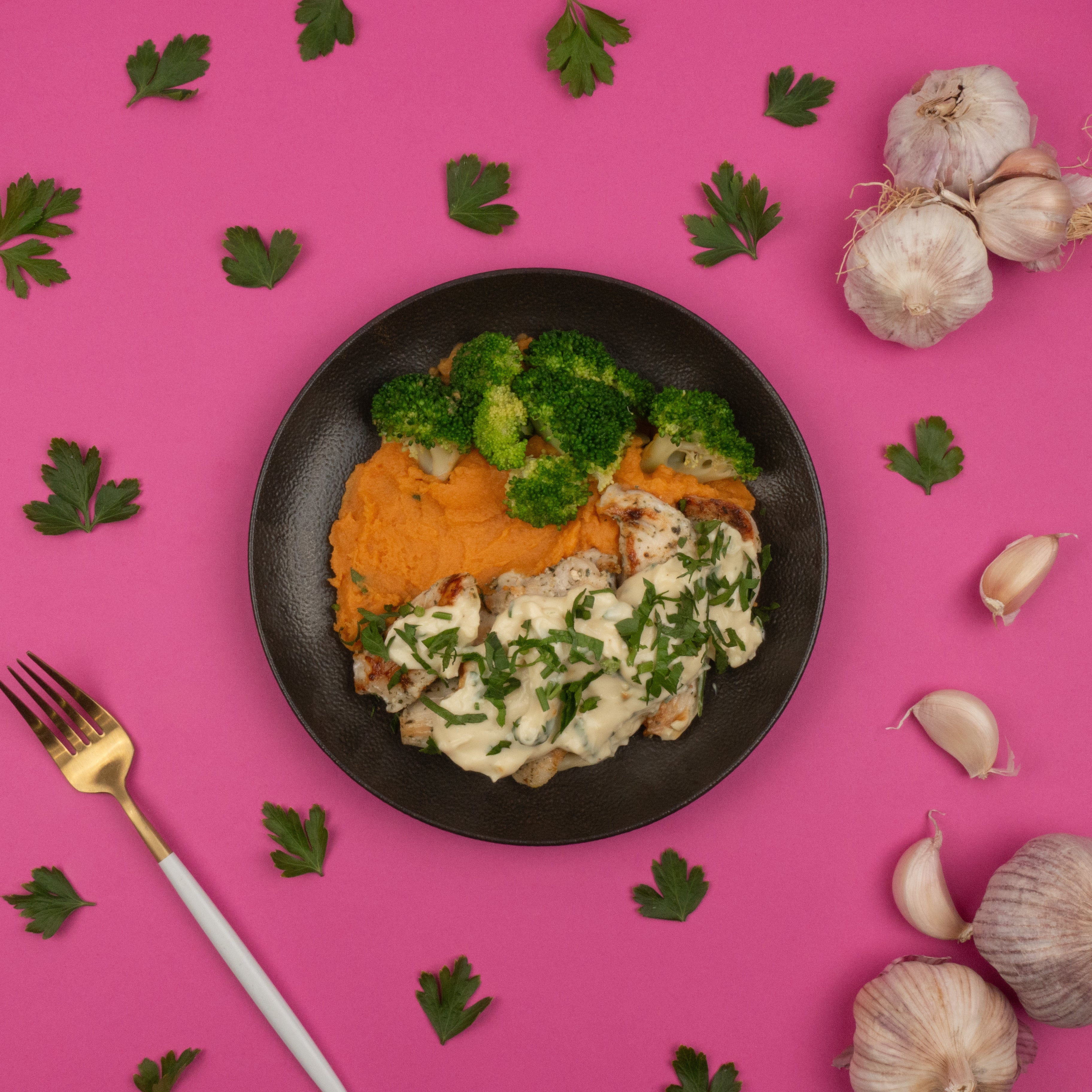 Creamy Garlic Chicken with Sweet Potato Mash