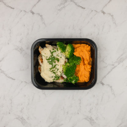 Creamy Garlic Chicken with Sweet Potato Mash