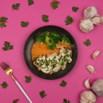 Creamy Garlic Chicken with Sweet Potato Mash
